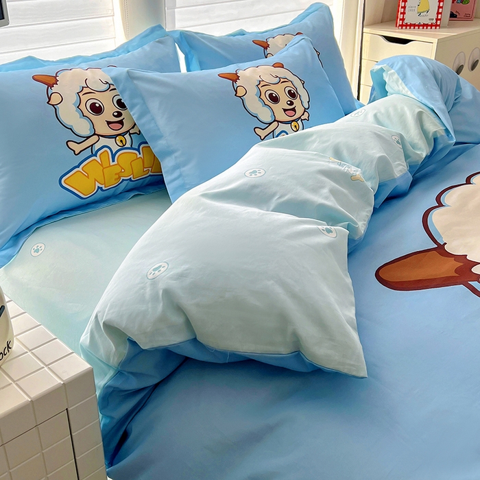 91家纺网 家纺一手货源 找家纺 浩诚 2025新款正版喜羊羊灰太狼全棉卡通大版印花四件套（全）-提供买家秀 喜气羊羊