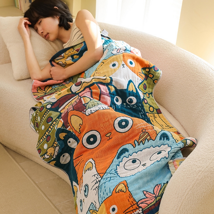 91家纺网 家纺一手货源 找家纺 雯雨家纺 2025新款亲肤可爱全棉A类纱布浴巾 排排猫