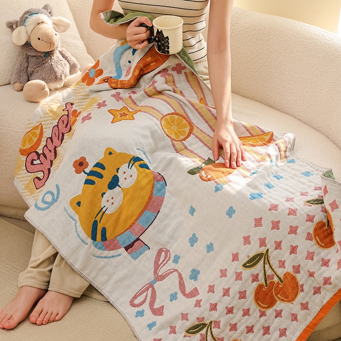 91家纺网 家纺一手货源 找家纺 雯雨家纺 2025新款亲肤可爱全棉A类纱布浴巾 笑脸猫