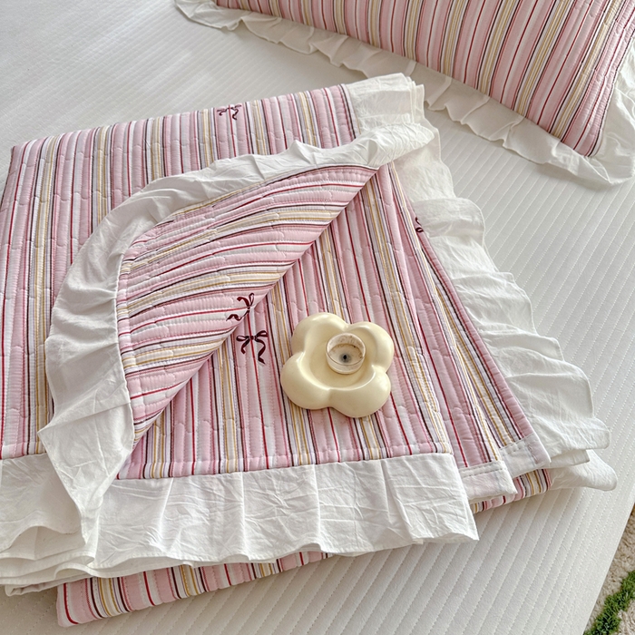 91家纺网 家纺一手货源 找家纺 岚吉 2025新款40支133*72全棉斜纹夹棉绗缝小花边床盖 条纹律动