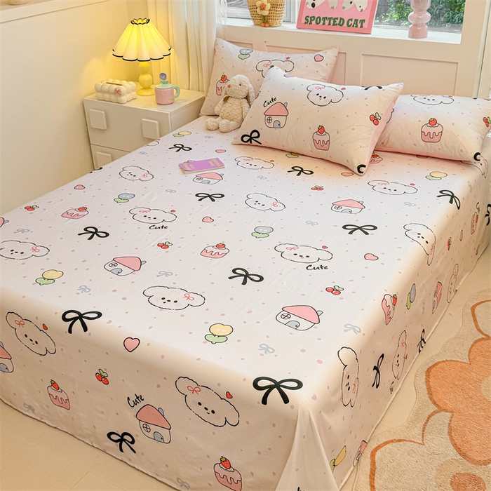 91家纺网 家纺一手货源 找家纺 雯豆2025春夏新款全棉床单三件套纯棉床罩小清新印花床单 全棉床单-奶油蝴蝶结