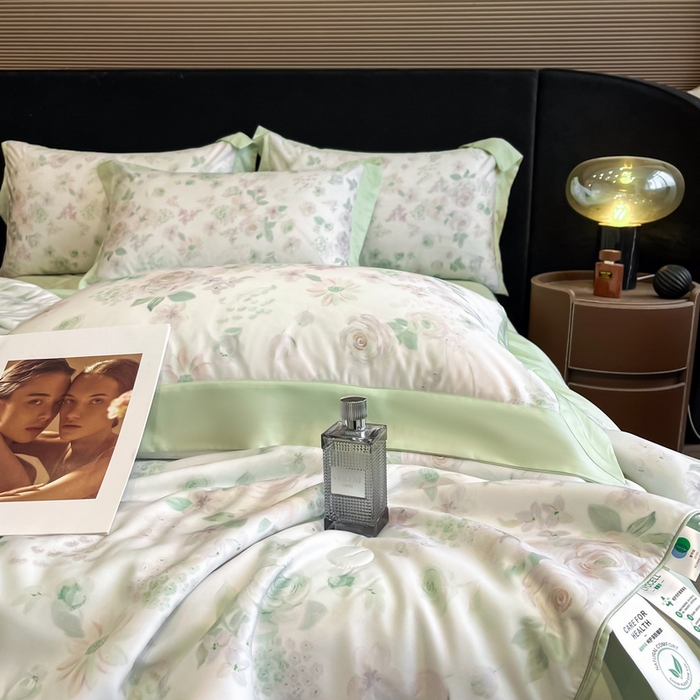 91家纺网 家纺一手货源 找家纺 慕晨 2025新款简奢款莱赛尔数码印夏被四件套 念池-绿