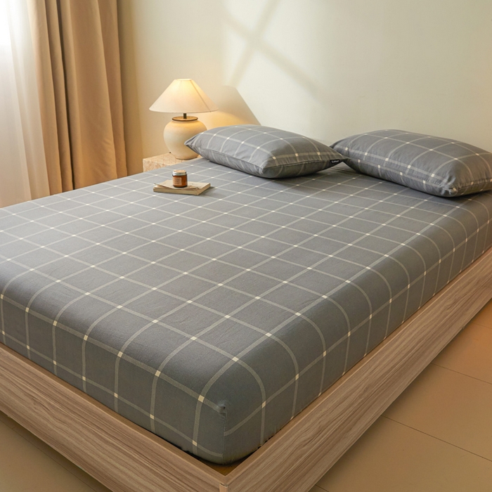 91家纺网 家纺一手货源 找家纺 涵宸家纺 2025新款全棉印花良品系列床笠 床笠-麦田-灰