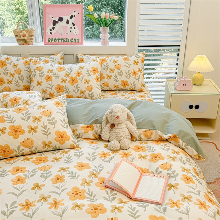 91家纺网 家纺一手货源 找家纺 雯豆2025春夏新款全棉纯棉被套三件套学生成人被罩 全棉被套-暖阳