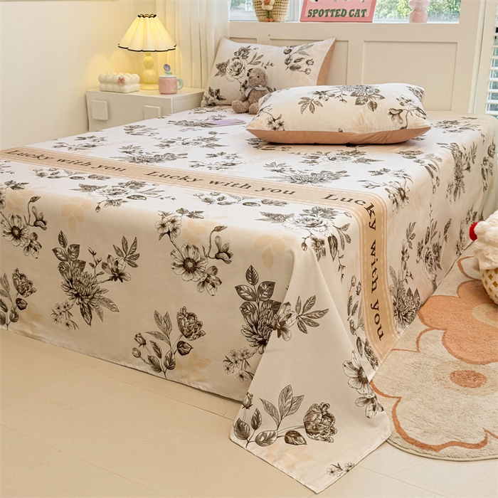 91家纺网 家纺一手货源 找家纺 雯豆2025春夏新款全棉床单三件套纯棉床罩小清新印花床单 全棉床单-蔓秋