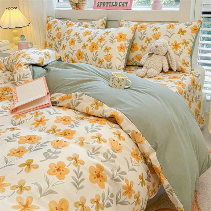 91家纺网 家纺一手货源 找家纺 雯豆2025春夏新款全棉纯棉被套三件套学生成人被罩 全棉被套-暖阳