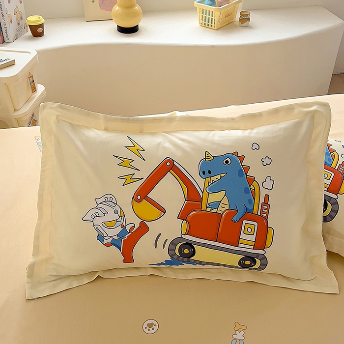 91家纺网 家纺一手货源 找家纺 浩诚 2025新款全棉大版卡通太空人宇航员小恐龙小汽车系列纯棉四件套-提供买家秀 恐龙挖掘机