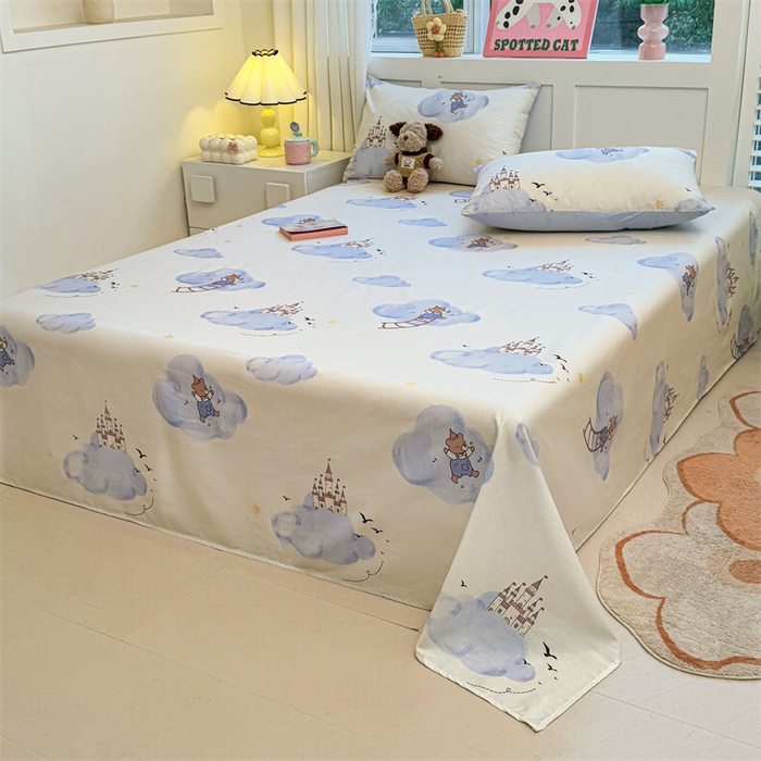 91家纺网 家纺一手货源 找家纺 雯豆2025春夏新款全棉床单三件套纯棉床罩小清新印花床单 全棉床单-熊熊城堡