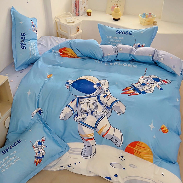 91家纺网 家纺一手货源 找家纺 浩诚 2025新款全棉大版卡通太空人宇航员小恐龙小汽车系列纯棉四件套-提供买家秀 太空遨游