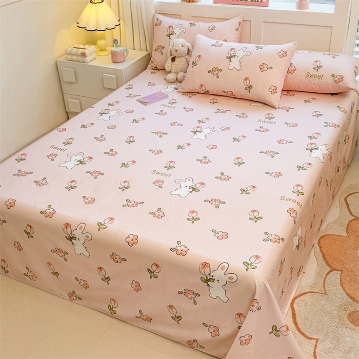 91家纺网 家纺一手货源 找家纺 雯豆2025春夏新款全棉床单三件套纯棉床罩小清新印花床单 全棉床单-甜心派