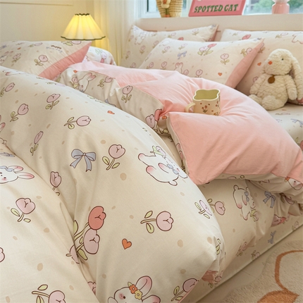 91家纺网 家纺一手货源 找家纺 雯豆2025春夏新款全棉纯棉被套三件套学生成人被罩 全棉被套-小兔乖乖