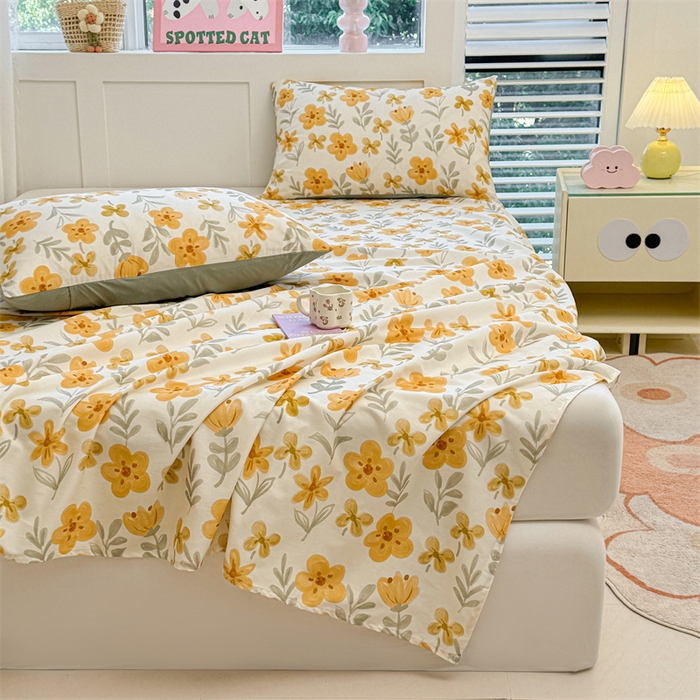 91家纺网 家纺一手货源 找家纺 雯豆2025春夏新款全棉床单三件套纯棉床罩小清新印花床单 全棉床单-暖阳