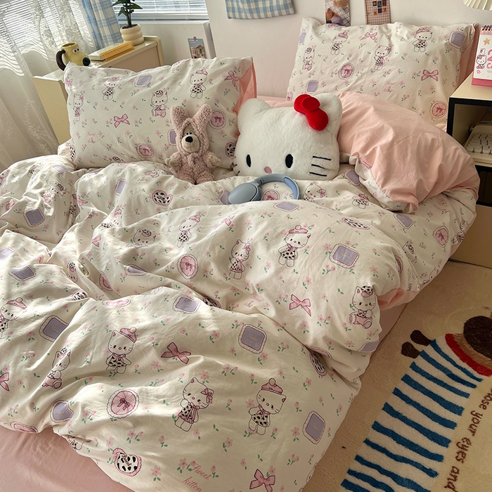 91家纺网 家纺一手货源 找家纺 原素 2025软绵绵的双拼印花水洗棉四件套 碎花奶猫