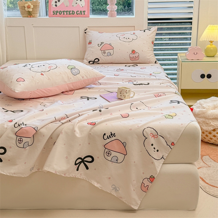 91家纺网 家纺一手货源 找家纺 雯豆2025春夏新款全棉床单三件套纯棉床罩小清新印花床单 全棉床单-奶油蝴蝶结