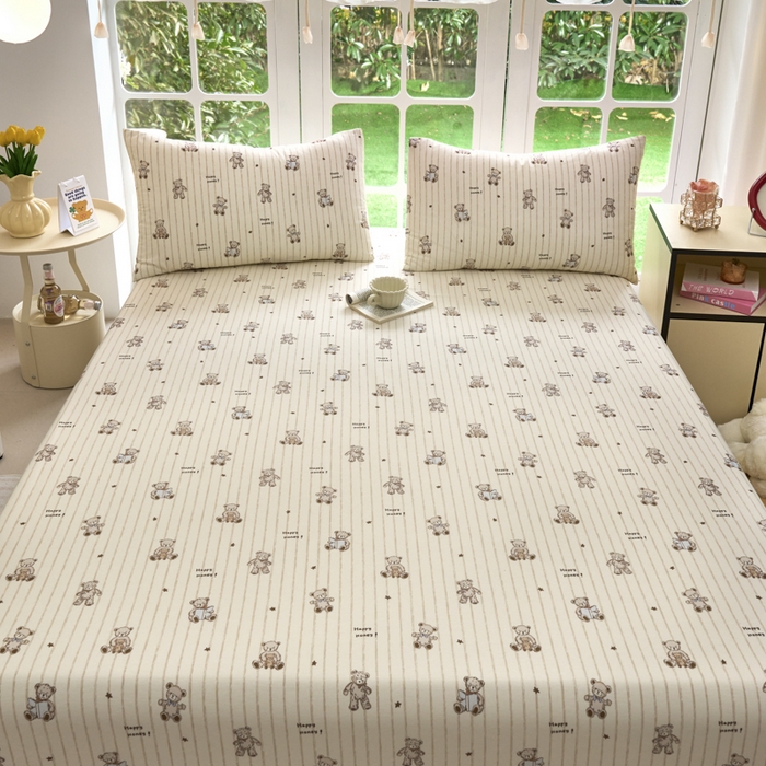 91家纺网 家纺一手货源 找家纺 木堇家居 2025新款春夏全棉小清新卡通床单床笠枕套单品系列-床笠系列 8  摩卡熊