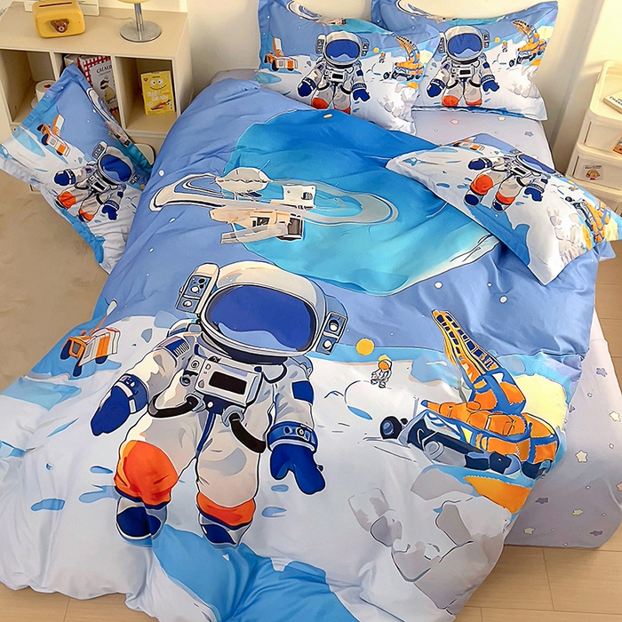 91家纺网 家纺一手货源 找家纺 （总）浩诚 2025新款全棉大版卡通太空人宇航员小恐龙小汽车系列纯棉四件套-提供买家秀