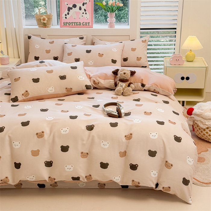 91家纺网 家纺一手货源 找家纺 雯豆2025春夏新款全棉纯棉被套三件套学生成人被罩 全棉被套-饼干熊