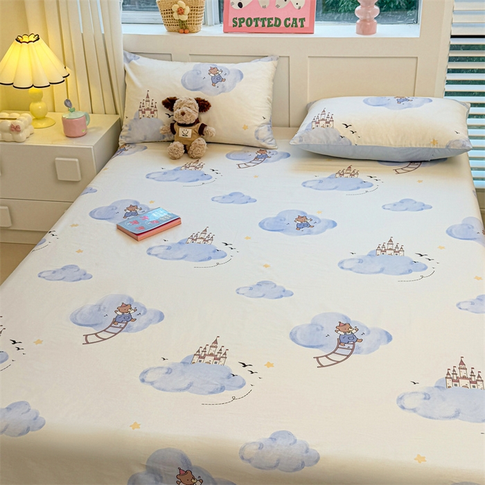 91家纺网 家纺一手货源 找家纺 雯豆2025春夏新款全棉床单三件套纯棉床罩小清新印花床单 全棉床单-熊熊城堡