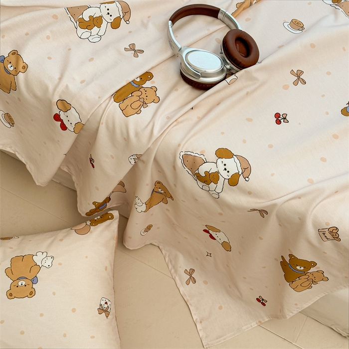 91家纺网 家纺一手货源 找家纺 雯豆2025春夏新款全棉床单三件套纯棉床罩小清新印花床单 全棉床单-小熊伙伴