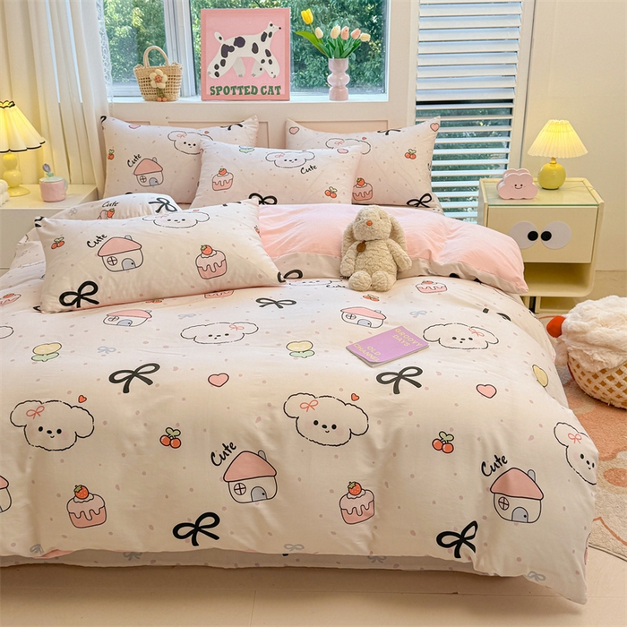 91家纺网 家纺一手货源 找家纺 雯豆2025春夏新款全棉纯棉被套三件套学生成人被罩 全棉被套-奶油蝴蝶结