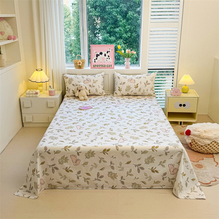 91家纺网 家纺一手货源 找家纺 雯豆2025春夏新款全棉床单三件套纯棉床罩小清新印花床单 全棉床单-丛林兔