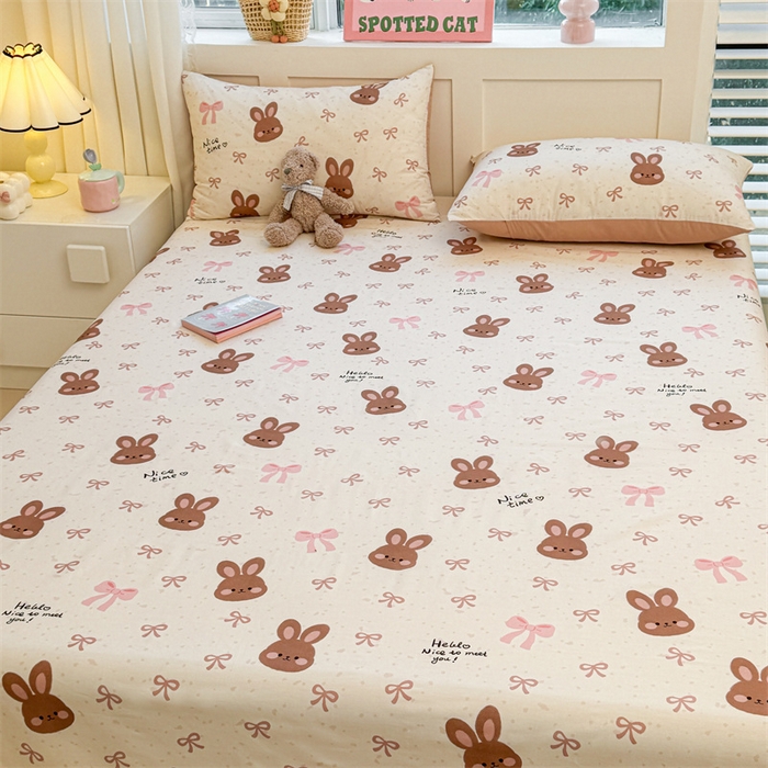91家纺网 家纺一手货源 找家纺 雯豆2025春夏新款全棉床单三件套纯棉床罩小清新印花床单 全棉床单-精灵兔