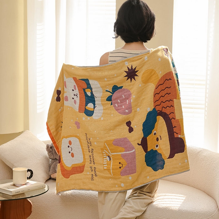 91家纺网 家纺一手货源 找家纺 雯雨家纺 2025新款亲肤可爱全棉A类纱布浴巾 草莓小狗