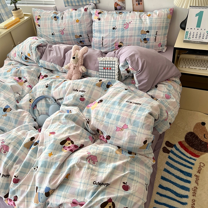 91家纺网 家纺一手货源 找家纺 原素 2025软绵绵的双拼印花水洗棉四件套 彩格狗狗