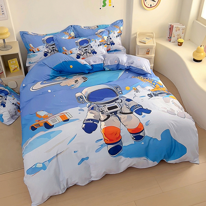 91家纺网 家纺一手货源 找家纺 浩诚 2025新款全棉大版卡通太空人宇航员小恐龙小汽车系列纯棉四件套-提供买家秀 星际工程
