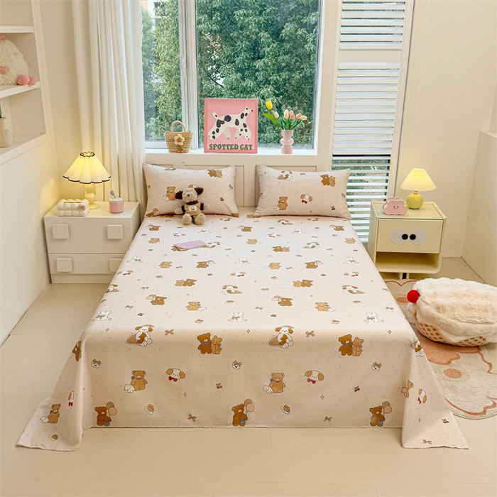 91家纺网 家纺一手货源 找家纺 雯豆2025春夏新款全棉床单三件套纯棉床罩小清新印花床单 全棉床单-小熊伙伴