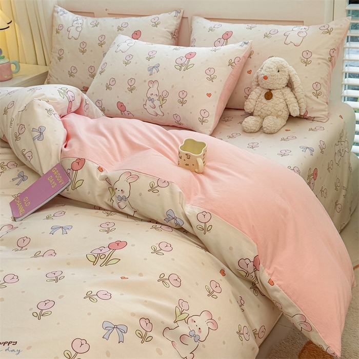 91家纺网 家纺一手货源 找家纺 雯豆2025春夏新款全棉纯棉被套三件套学生成人被罩 全棉被套-小兔乖乖