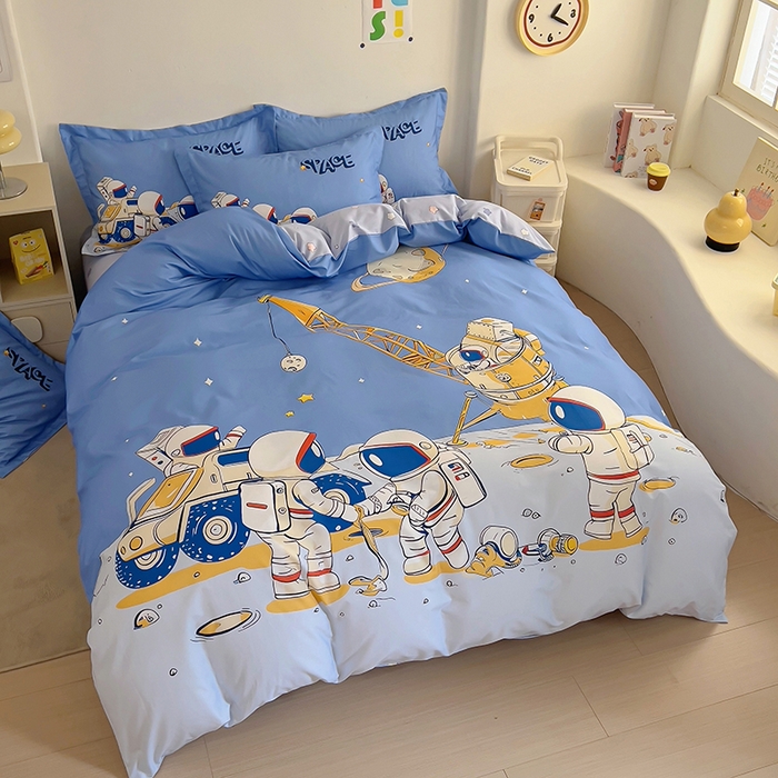 91家纺网 家纺一手货源 找家纺 浩诚 2025新款全棉大版卡通太空人宇航员小恐龙小汽车系列纯棉四件套-提供买家秀 太空工程队