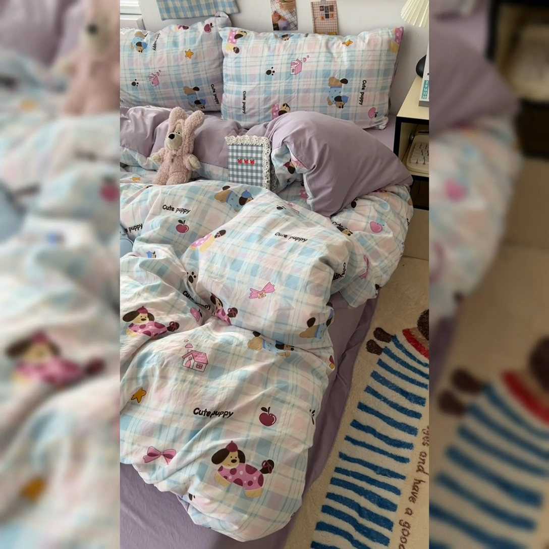 91家纺网 家纺一手货源 找家纺 原素 2025软绵绵的双拼印花水洗棉四件套 彩格狗狗