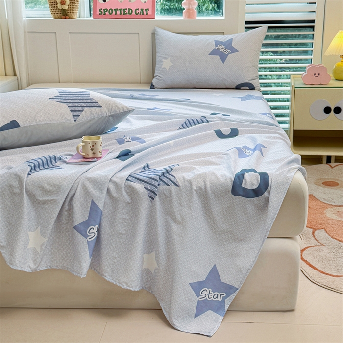 91家纺网 家纺一手货源 找家纺 雯豆2025春夏新款全棉床单三件套纯棉床罩小清新印花床单 全棉床单-星星约定