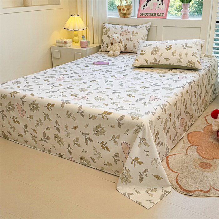 91家纺网 家纺一手货源 找家纺 雯豆2025春夏新款全棉床单三件套纯棉床罩小清新印花床单 全棉床单-丛林兔