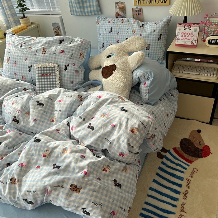 91家纺网 家纺一手货源 找家纺 原素 2025软绵绵的双拼印花水洗棉四件套 格子小腊肠