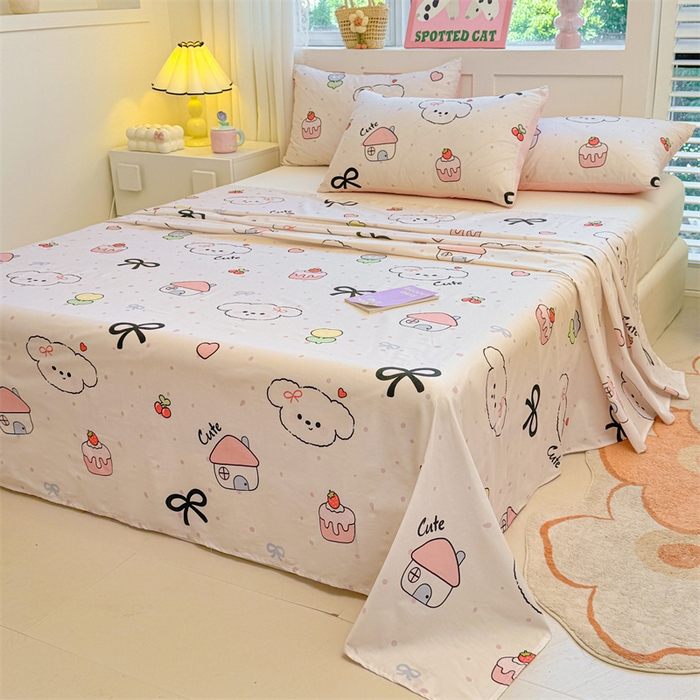 91家纺网 家纺一手货源 找家纺 雯豆2025春夏新款全棉床单三件套纯棉床罩小清新印花床单 全棉床单-奶油蝴蝶结