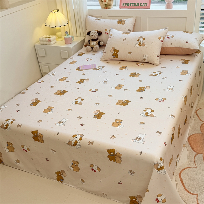 91家纺网 家纺一手货源 找家纺 雯豆2025春夏新款全棉床单三件套纯棉床罩小清新印花床单 全棉床单-小熊伙伴