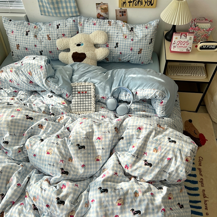 91家纺网 家纺一手货源 找家纺 原素 2025软绵绵的双拼印花水洗棉四件套 格子小腊肠