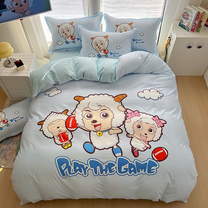 91家纺网 家纺一手货源 找家纺 浩诚 2025新款正版喜羊羊灰太狼全棉卡通大版印花四件套（全）-提供买家秀 亲亲伙伴