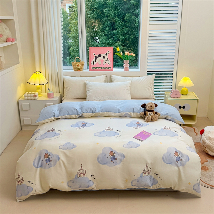 91家纺网 家纺一手货源 找家纺 雯豆2025春夏新款全棉纯棉被套三件套学生成人被罩 全棉被套-熊熊城堡