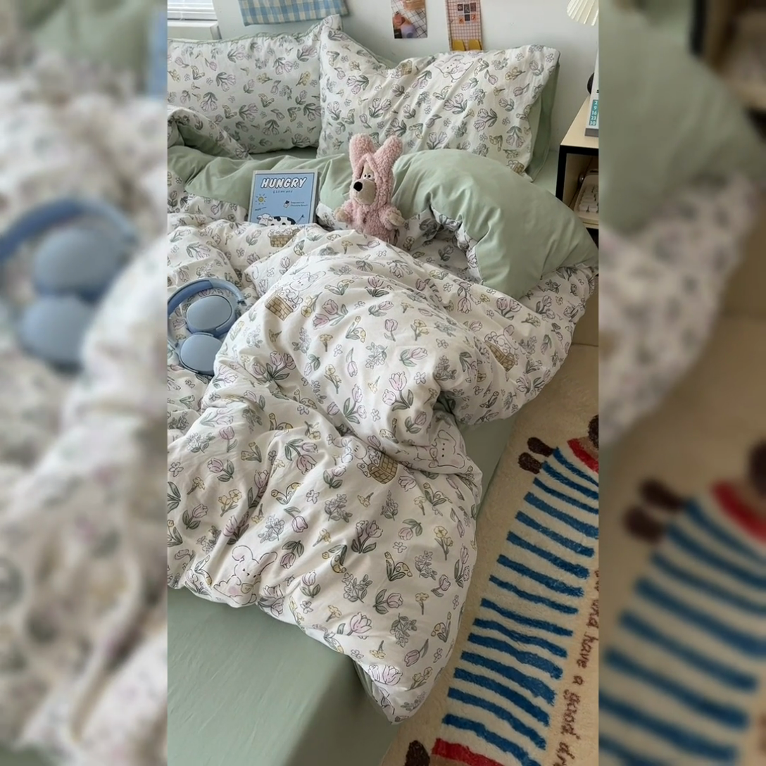 91家纺网 家纺一手货源 找家纺 原素 2025软绵绵的双拼印花水洗棉四件套 单纯萌兔