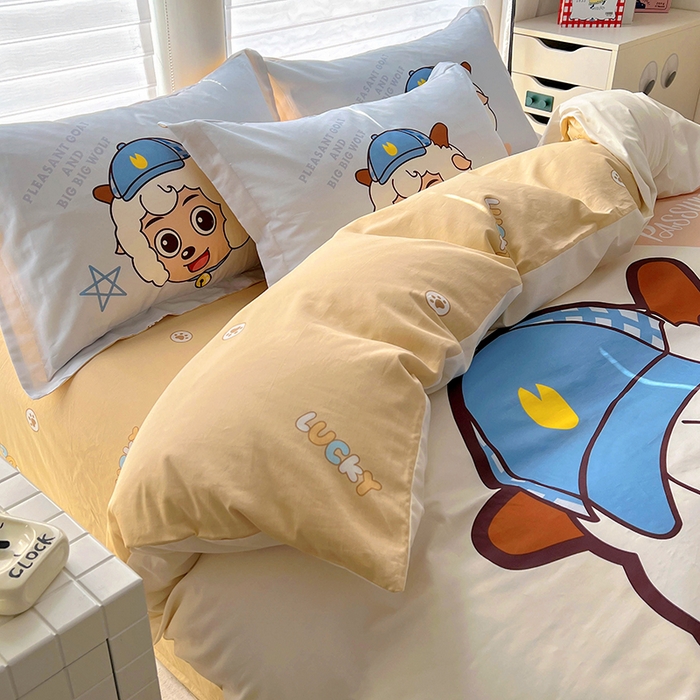 91家纺网 家纺一手货源 找家纺 浩诚 2025新款正版喜羊羊灰太狼全棉卡通大版印花四件套（全）-提供买家秀 羊羊乐