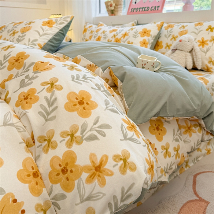 91家纺网 家纺一手货源 找家纺 雯豆2025春夏新款全棉纯棉被套三件套学生成人被罩 全棉被套-暖阳