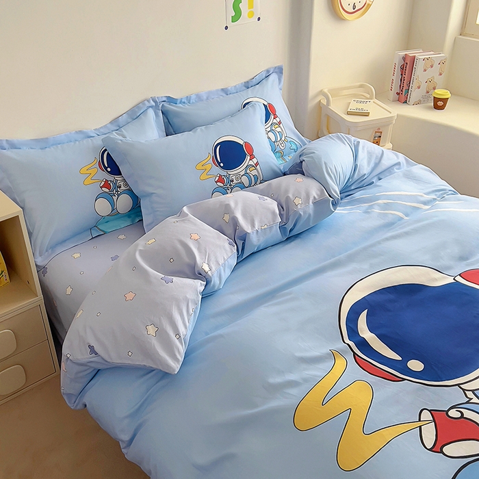 91家纺网 家纺一手货源 找家纺 浩诚 2025新款全棉大版卡通太空人宇航员小恐龙小汽车系列纯棉四件套-提供买家秀 奇妙之旅