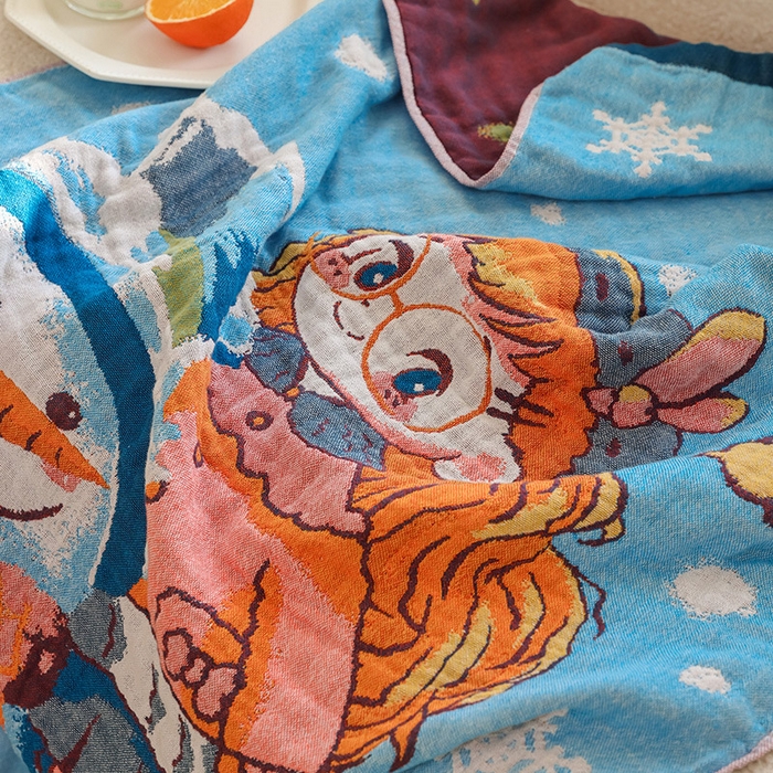 91家纺网 家纺一手货源 找家纺 雯雨家纺 2025新款亲肤可爱全棉A类纱布浴巾 雪地女孩