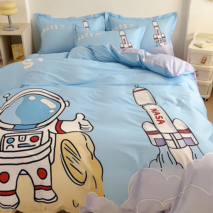 91家纺网 家纺一手货源 找家纺 浩诚 2025新款全棉大版卡通太空人宇航员小恐龙小汽车系列纯棉四件套-提供买家秀 神州之行