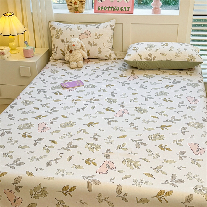 91家纺网 家纺一手货源 找家纺 雯豆2025春夏新款全棉床单三件套纯棉床罩小清新印花床单 全棉床单-丛林兔