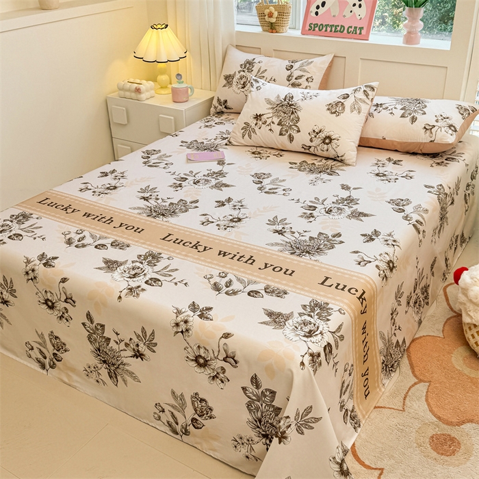 91家纺网 家纺一手货源 找家纺 雯豆2025春夏新款全棉床单三件套纯棉床罩小清新印花床单 全棉床单-蔓秋