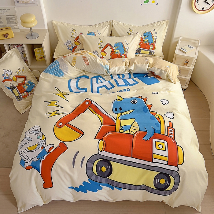91家纺网 家纺一手货源 找家纺 浩诚 2025新款全棉大版卡通太空人宇航员小恐龙小汽车系列纯棉四件套-提供买家秀 恐龙挖掘机